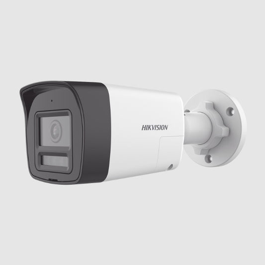 Camara Hikvision DS-2CE16D0T-LTS bala audio bidireccional dual light color vu 2 mpx 1080 p lente 2.8 mm IR de 30 m + 20 m luz blanca microfono y bocina integrado exterior IP67