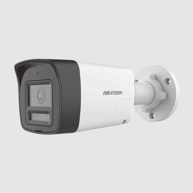 Camara Hikvision DS-2CE16D0T-LTS bala audio bidireccional dual light color vu 2 mpx 1080 p lente 2.8 mm IR de 30 m + 20 m luz blanca microfono y bocina integrado exterior IP67