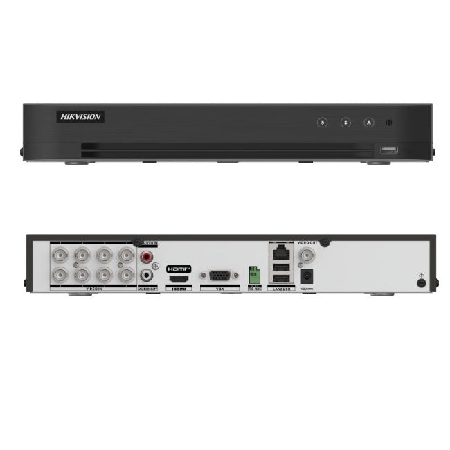 DVR Hikvision IDS-7208HUHI-M1/XT 8 canales IP 8 mpx 4k audio de dos vias por coaxial reconocimiento facial ACUSENSE 1 bahia de disco duro salida de video full
