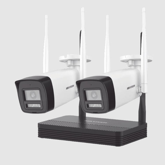 Kit Ip Hikvision NKS422W0H Inalambrico 2 Megapixel (1080p) / NVS 4 Canales / 2 Camaras Bala para Exterior con Lente 2.8 mm y Dual Light (30 mts IR + 20 mts Luz Blanca) / Audio Bidireccional