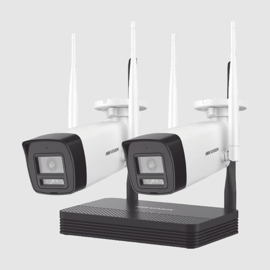 Kit Ip Hikvision NKS424W02H Inalambrico 4 Megapixel / NVS 4 Canales / 2 Camaras Bala para Exterior con Lente 2.8 mm y Dual Light (30 mts IR + 30 mts Luz Blanca) / Audio Bidireccional