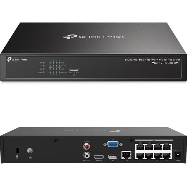 NVR TP-Link VIGI NVR1008H-8MP 8 canales PoE+ máx 113W H.265+ ONVIF 1xSATA 10TB salida video HDMI 4K capacidad decodificación 16MP