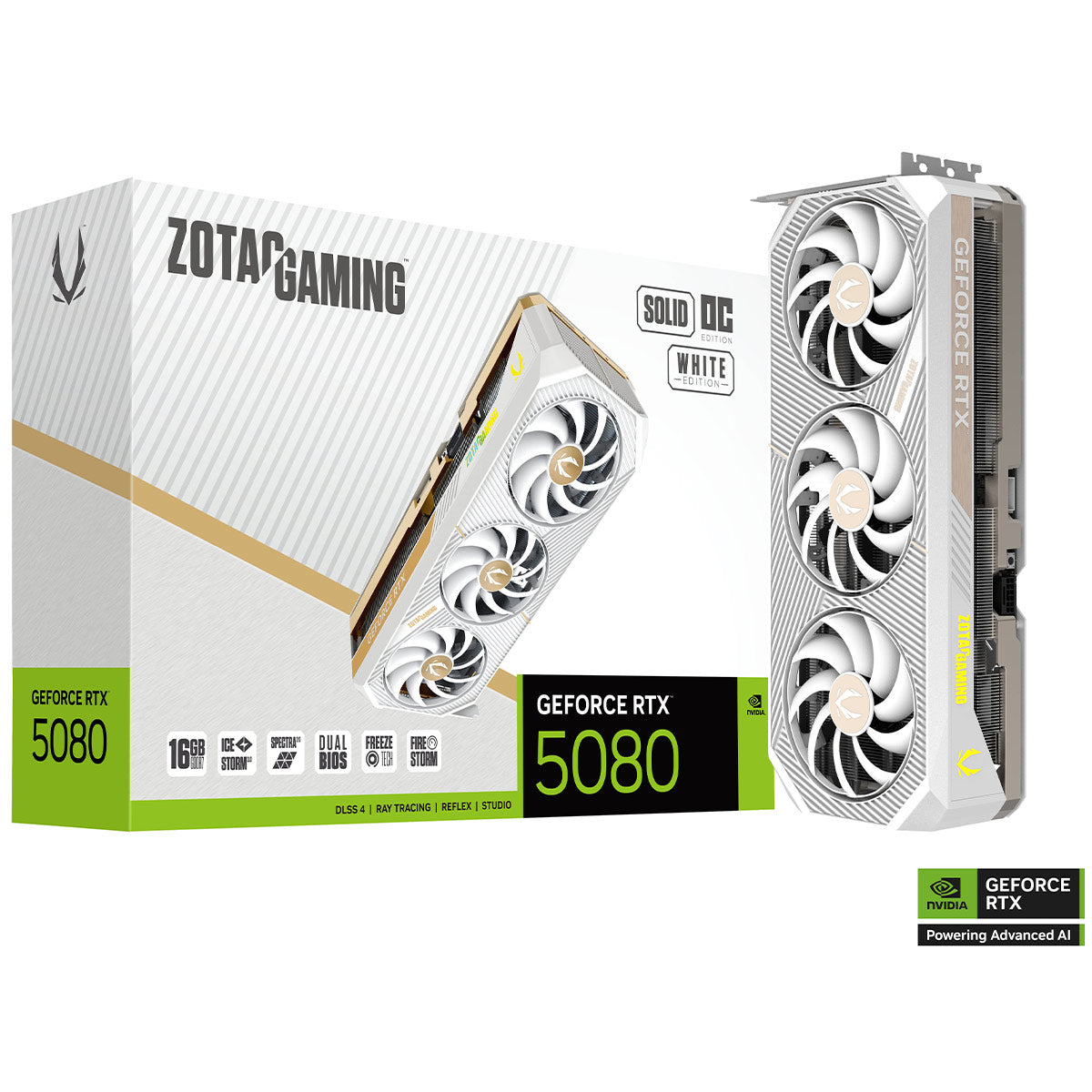 TARJETA DE VIDEO ZOTAC (ZT-B50800Q-10P) RTX 5080 SOLID OC WHITE EDITION 16GB GDDR7,PCIE 5,3*FAN.TECH